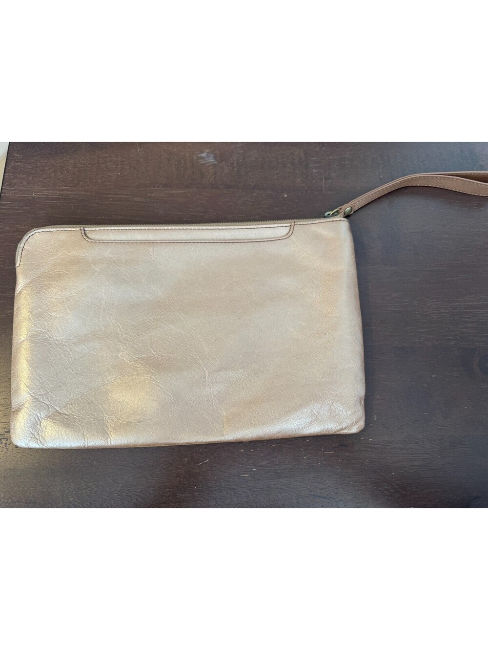 HOBO Wristlet all leather light Tan Gold Shiny Zip Up with Pocket